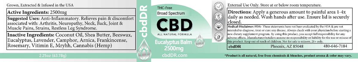2500mg Eucalyptus CBD Soothing Balm | Topical Broad Spectrum | Zero THC